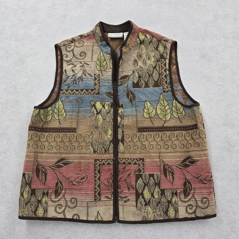 Alfred Dunner Tapestry Vest 12P Fall Leaves Full Zip Autumn Artsy Ombre Western